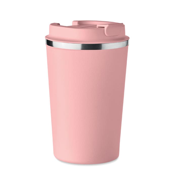 A pink drink bottle with a silver band and a flip-top lid, featuring a logo on its surface.