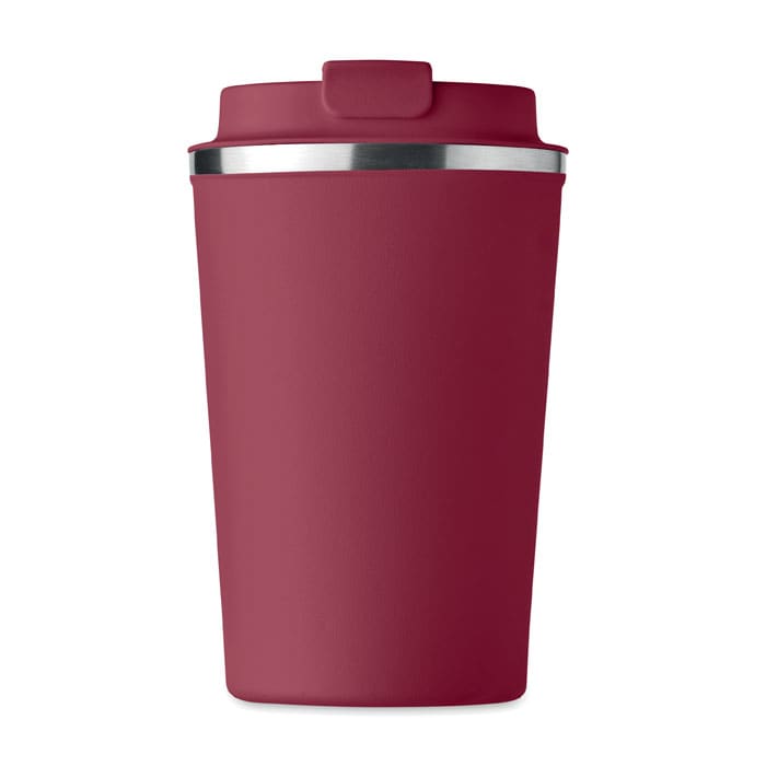 A maroon drink bottle with a stainless steel rim and a matching lid. It has a sleek, matte finish and a logo.