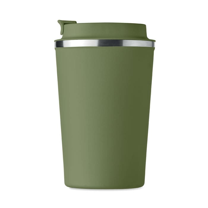 A green drink bottle with a silver band and a lid, featuring a sleek, modern design.