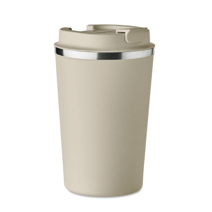 A drink bottle in a soft beige colour featuring a silver band and a lid. It has a smooth, sleek design with a logo.