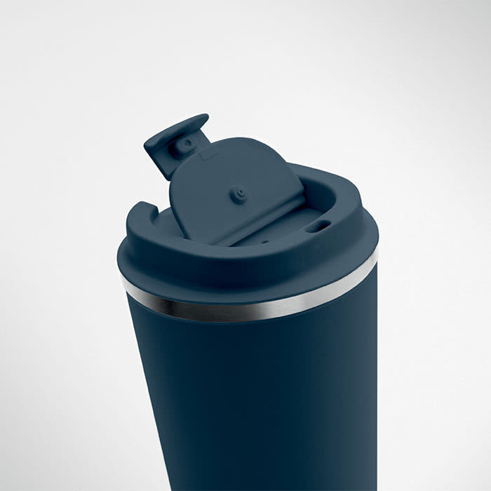 A dark blue drink bottle with a silver band and a flip-top lid. It features a logo on its surface.