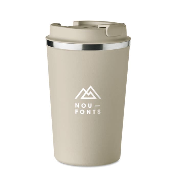 A drink bottle in a light beige colour with a silver band and a lid. It features a logo on the surface.
