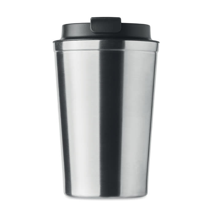 A stainless steel drink bottle with a black lid and a sleek, minimalist design. It features a logo on the front.