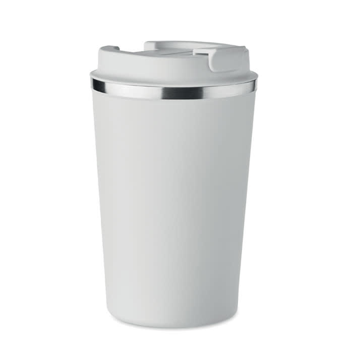 A drink bottle in matte white with a silver band at the top and a secure lid. It features a logo.