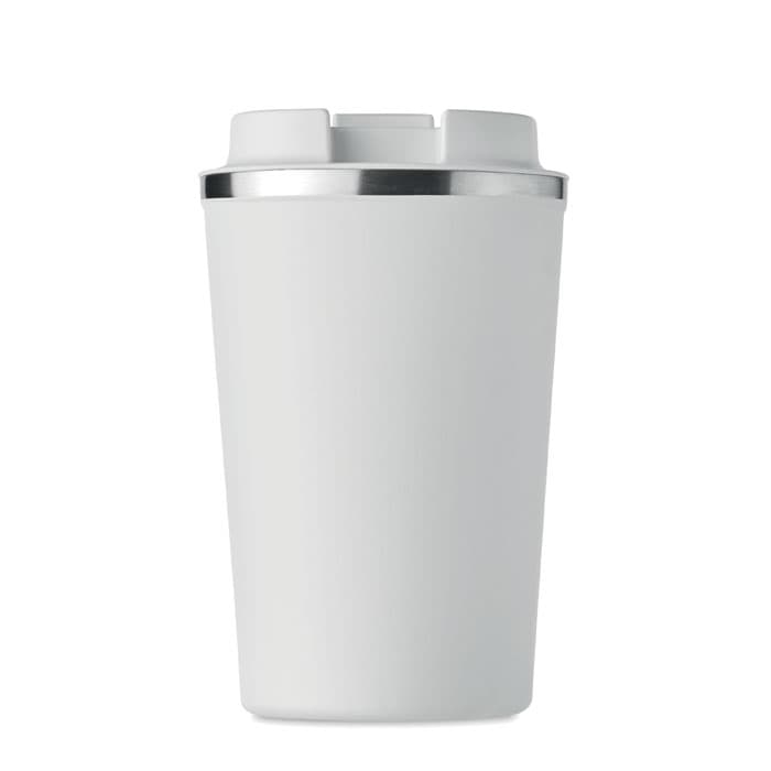 A white drink bottle with a silver band around the top and a smooth finish. It features a logo.