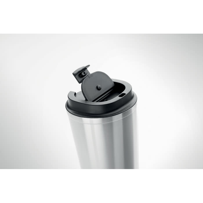 A stainless steel drink bottle with a black lid and a flip-top opening, featuring a logo on its surface.