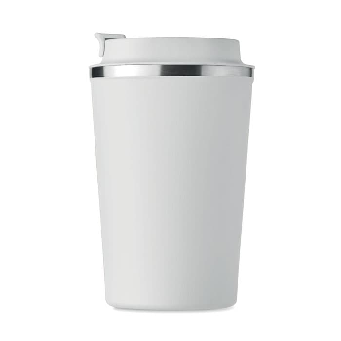 A white drink bottle with a silver band at the top and a flip-top lid is displayed.
