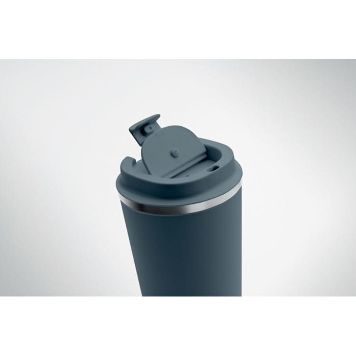 A drink bottle in dark blue with a silver rim and a flip-top lid. It features a logo on the side.