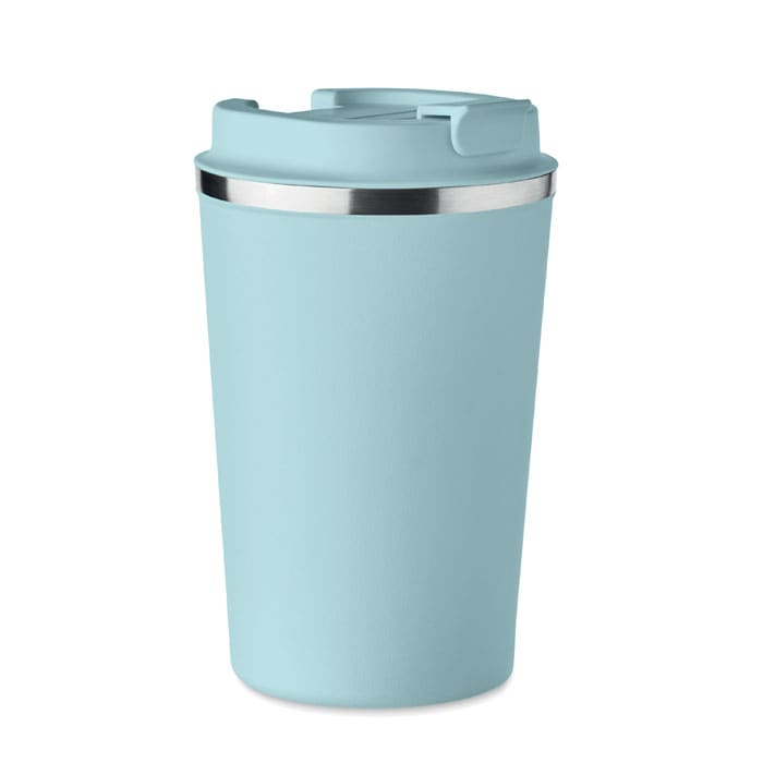 A drink bottle in light blue with a silver band at the top and a fitted lid. It has a smooth finish and a stylish design.