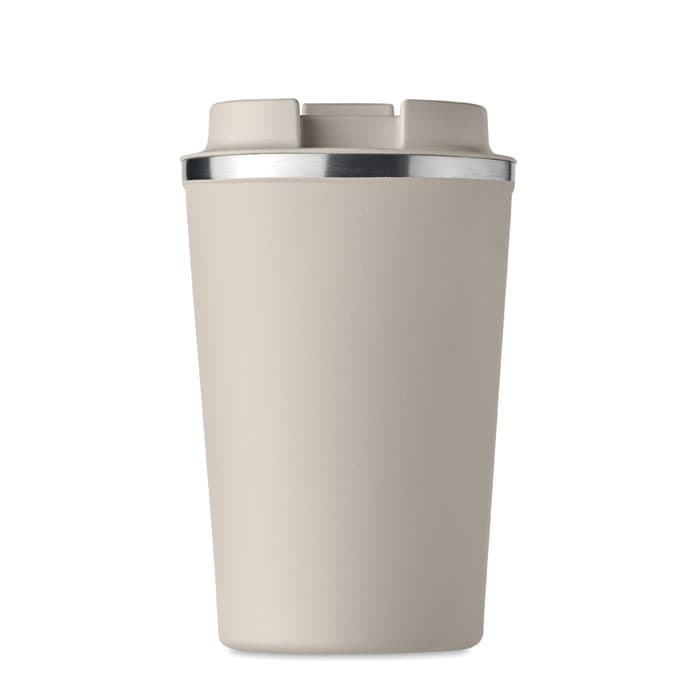 A drink bottle in a light beige colour with a silver rim, featuring a lid design. It has a logo on the front.