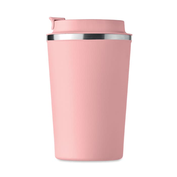 A pink drink bottle with a silver rim and a lid, featuring a smooth exterior.