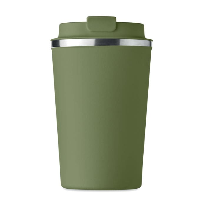 A drink bottle in matte olive green with a stainless steel band around the top and a lid. Features a logo.