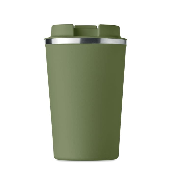 A green drink bottle with a silver band around the top and a logo on the side.
