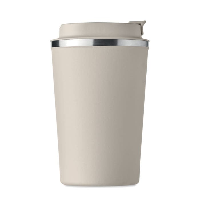A drink bottle in a light beige colour with a silver band and a fitted lid. It features a logo on the side.