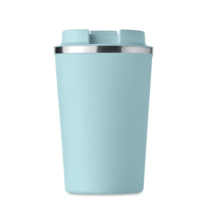 A drink bottle in a light blue colour with a stainless steel band around the top. It features a logo.