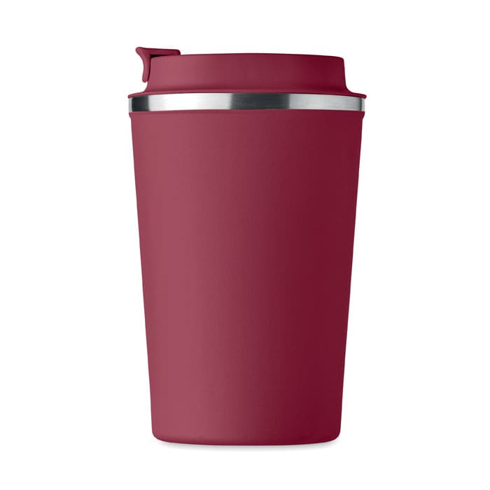 A drink bottle in a burgundy colour with a stainless steel rim and a lid, featuring a smooth texture.