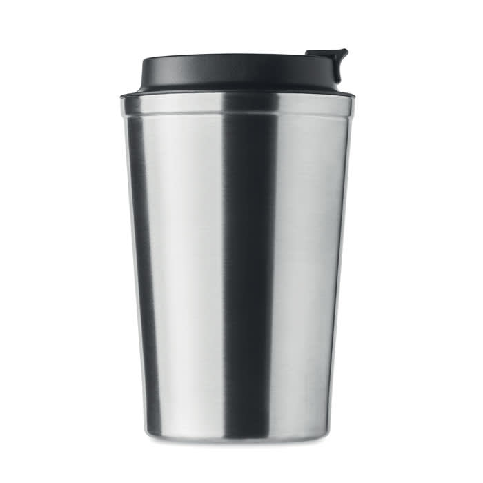 A stainless steel drink bottle with a black lid and a simple, sleek design. It features a logo on the body.