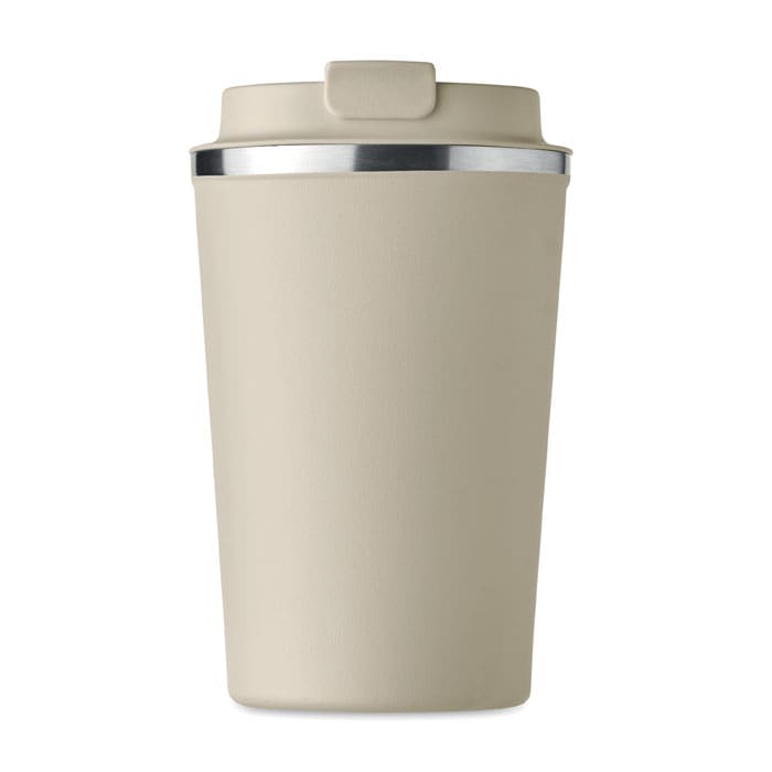 A drink bottle in a light beige colour with a silver rim and a lid. It has a smooth, matte finish.