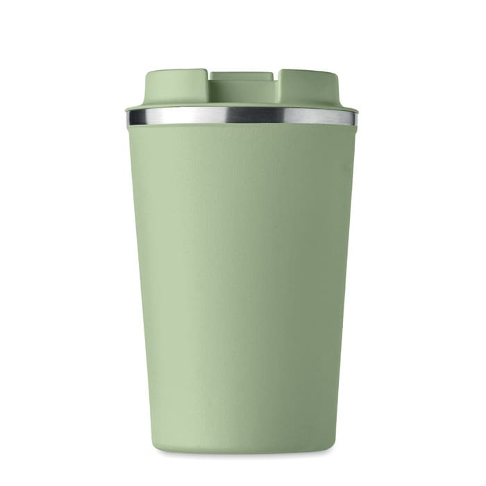 A drink bottle in a muted green colour with a stainless steel rim and two openings at the top.
