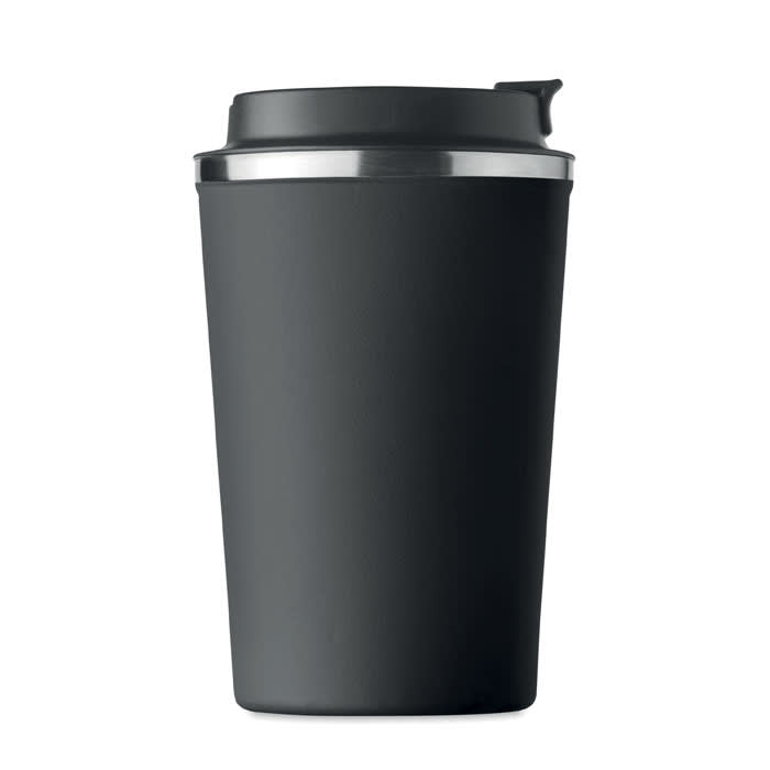 A drink bottle in matte black with a silver band near the top and a lid, featuring a logo.