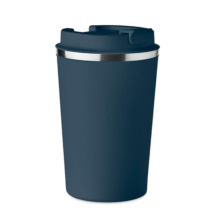 A drink bottle in dark blue with a silver band and a lid. It has a smooth, matte finish and includes a logo.