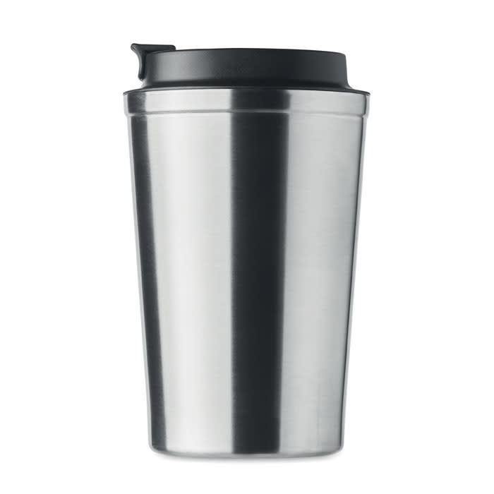 A stainless steel drink bottle with a black lid and a sleek, modern design. It features a logo on the surface.