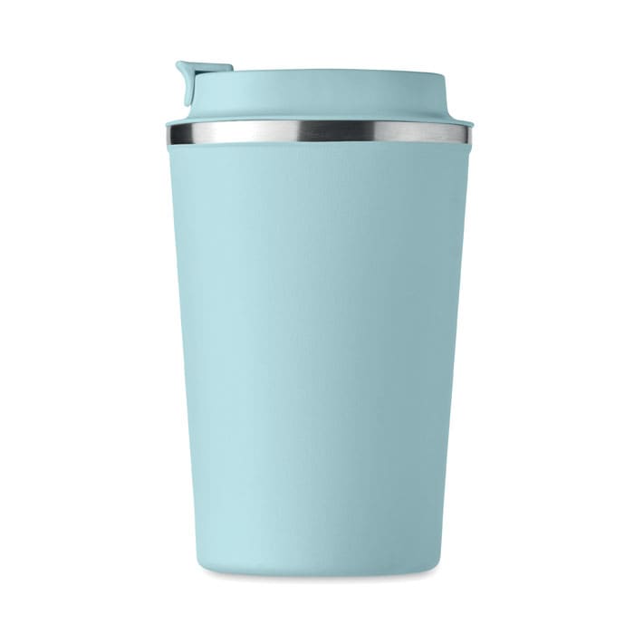 A drink bottle in a light blue shade with a stainless steel lid and a smooth finish. Features a logo on the side.