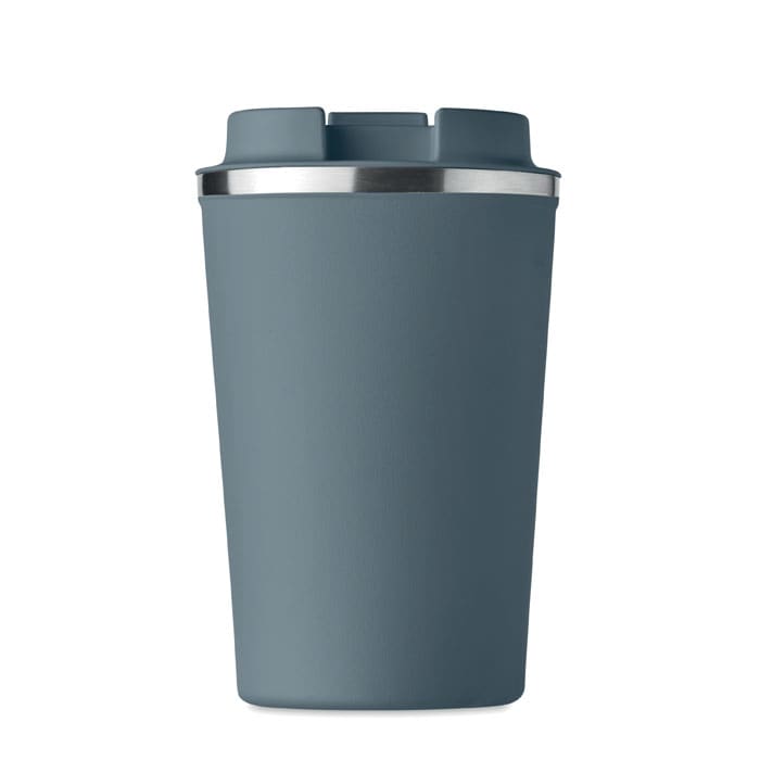 A grey drink bottle with a stainless steel rim and a simple, cylindrical design. It features a logo on the side.