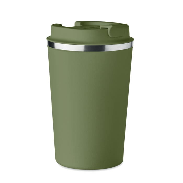 A drink bottle in olive green with a stainless steel band at the top and a lid. Features a logo.