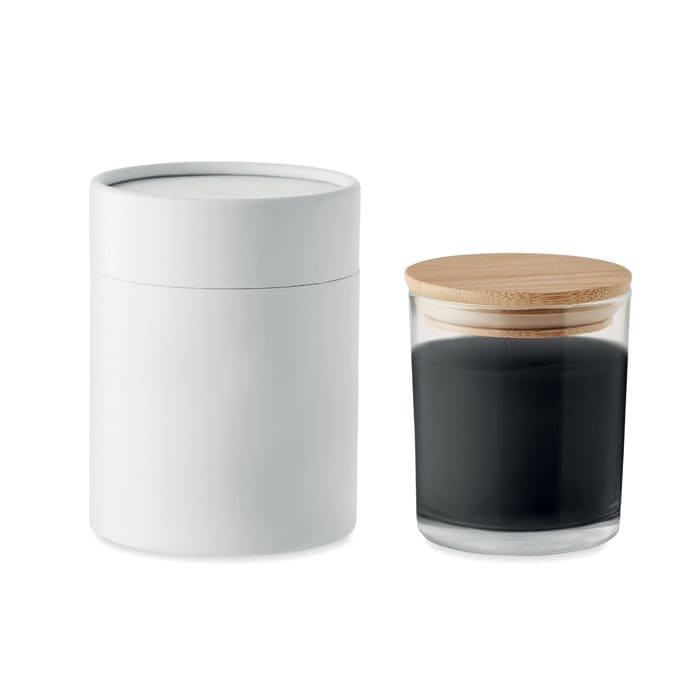 A drink bottle and a candle with a black interior and bamboo lid, featuring a minimalist white exterior.