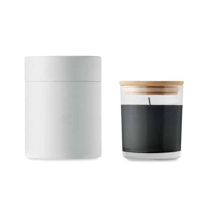 A drink bottle and a candle in a glass holder with a bamboo lid, featuring white and black colours. The candle has a wick.