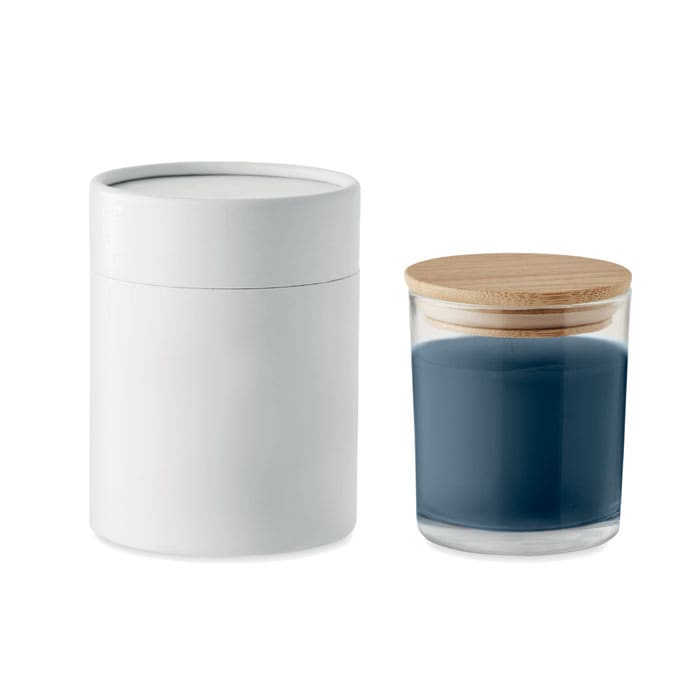 A drink bottle and a candle with a wooden lid, featuring a white container and a blue wax interior.