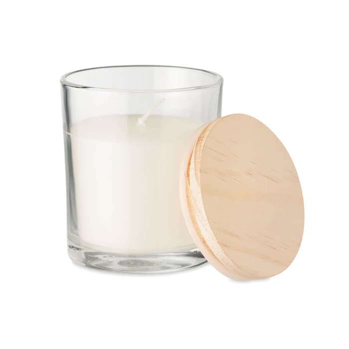 A candle in a clear glass jar with a wooden lid, featuring a white wax interior.