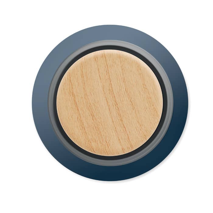 A drink bottle lid with a wooden top, surrounded by a dark blue circular base.