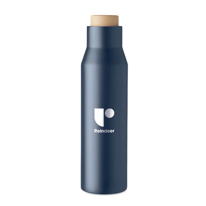 A drink bottle in a dark blue hue with a wooden cap and a logo on the side.