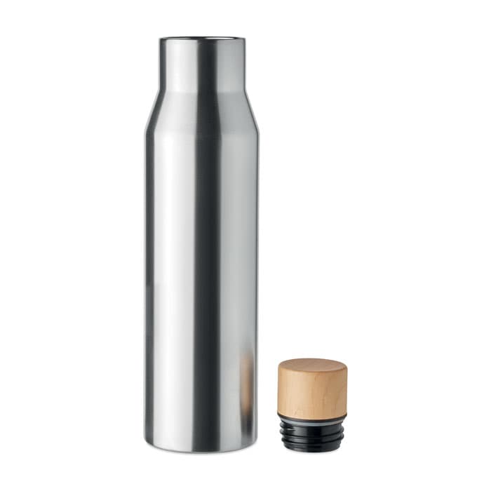 A drink bottle in brushed stainless steel with a wooden cap placed next to it. The bottle features a sleek, modern design.