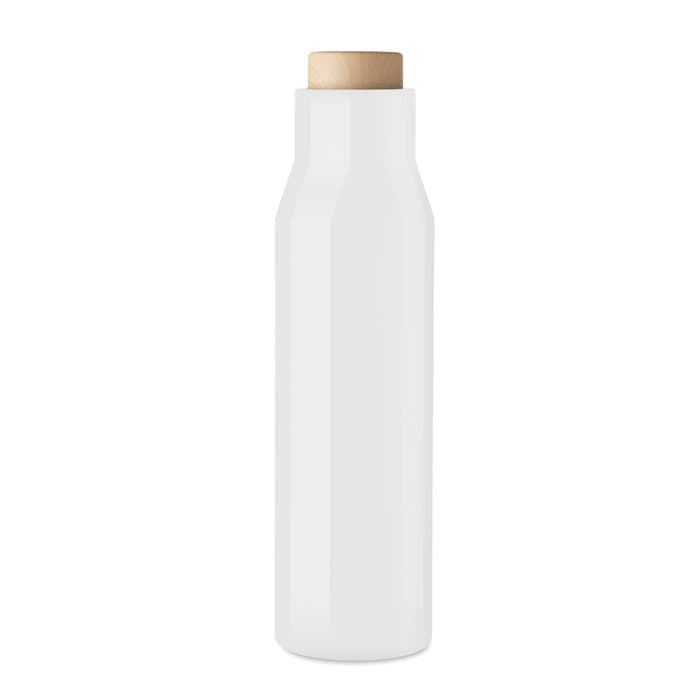 A drink bottle in matte white with a natural wood lid, featuring a sleek, modern design.
