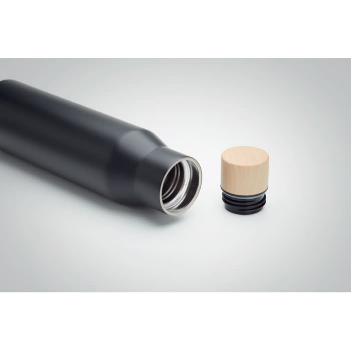 A drink bottle in matte black with a removable wooden cap and a stainless steel opening.