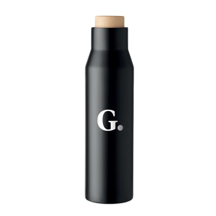 A drink bottle with a sleek black design and a wooden lid, featuring a branding logo.