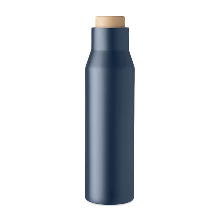 A drink bottle in a matte navy finish with a wooden cap and a sleek, modern design. It features a logo.
