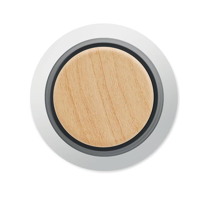 A drink bottle with a round wooden lid and a sleek silver base. It features a modern design with a logo.