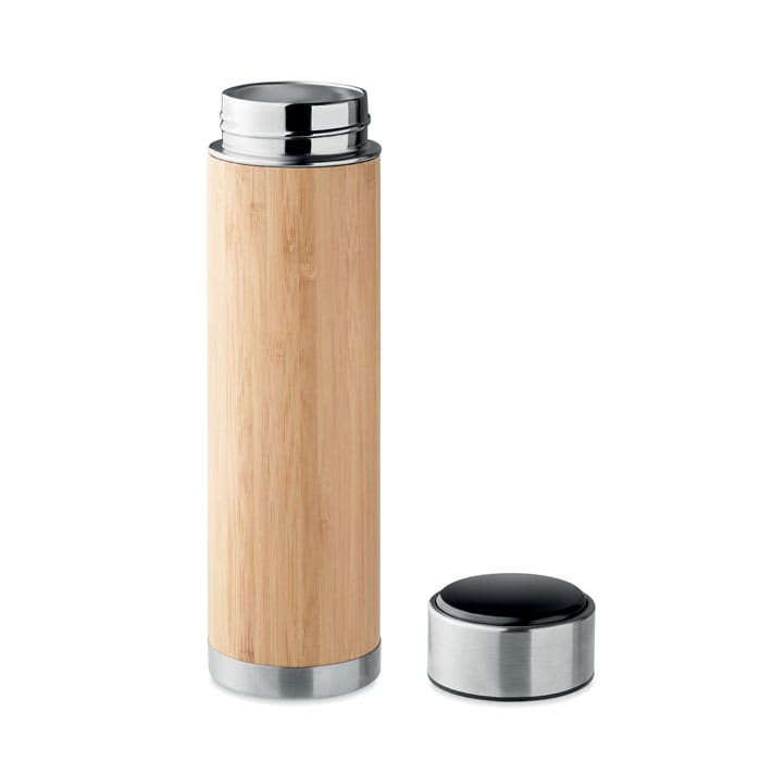 A drink bottle with a bamboo finish and stainless steel accents, featuring a removable lid.
