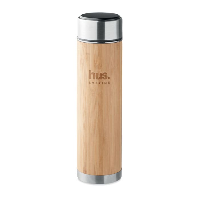 A drink bottle with a bamboo body and stainless steel accents, featuring a logo.