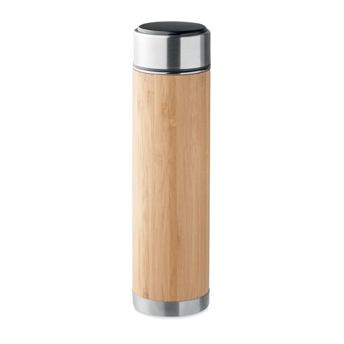 A drink bottle featuring a bamboo exterior and stainless steel accents, with a black lid and a logo.