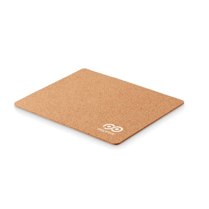 A cork mousepad with a smooth surface and a subtle logo in one corner.