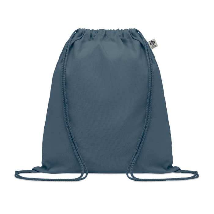 A drawstring bag in a muted blue colour with matching drawstrings and a small logo.