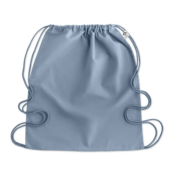 A drawstring bag in a soft blue colour with contrasting drawstrings. Features a branding logo.