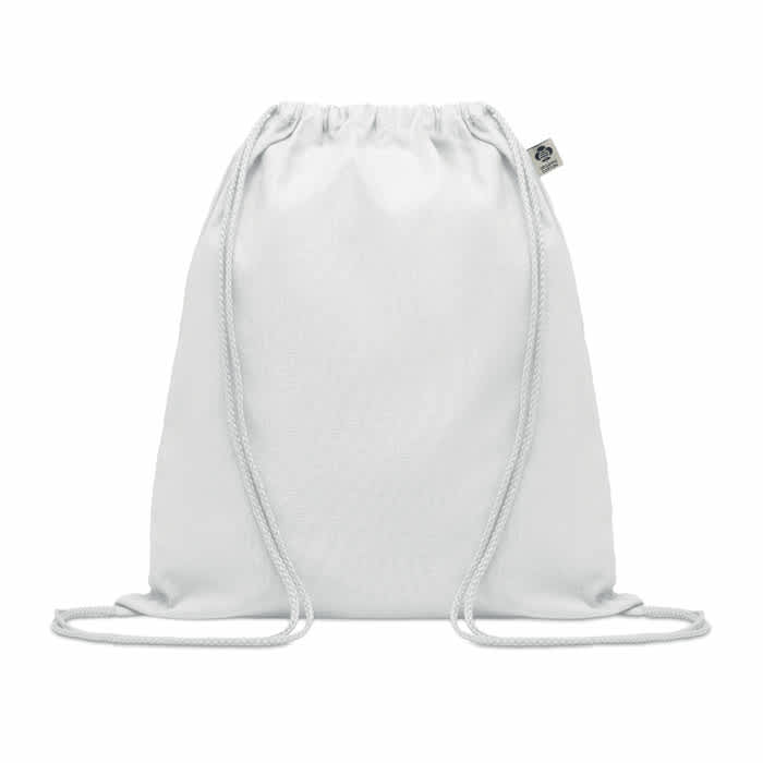 A drawstring bag in white, featuring a simple design and a logo tag. Ideal for casual use.