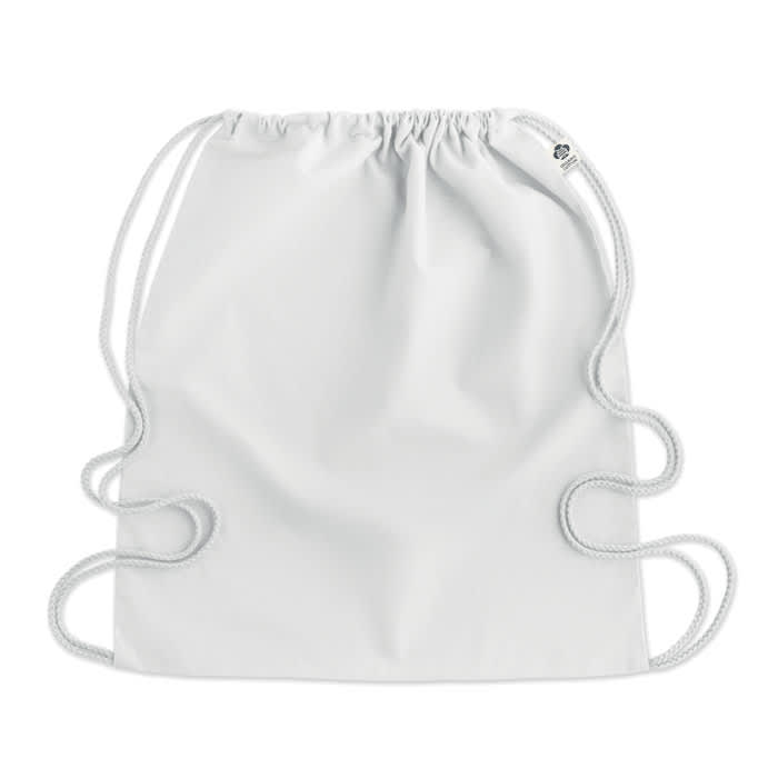 A drawstring bag in white with adjustable cords and a small logo. The bag features a simple, minimalistic design.