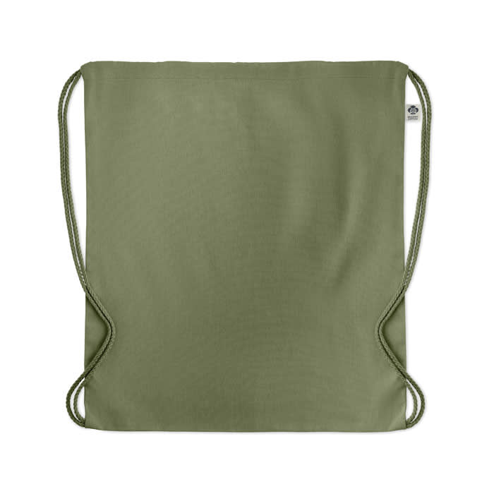 A drawstring bag in a muted olive green colour, featuring cords for closure and carrying.